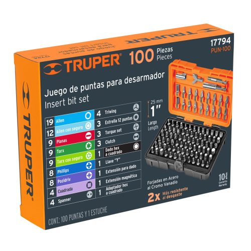 PUN-100+E1 PUN-100 JUEGO 100 PIEZAS, PUNTAS DE DESARMADOR 1, CON ESTUCHE