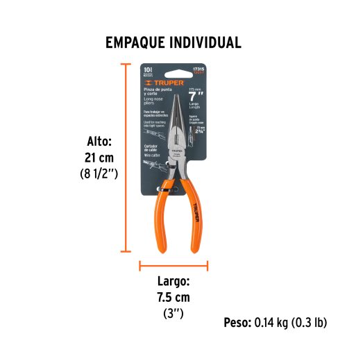 Pinza de punta y corte 7" mango de PVC, TRUPER