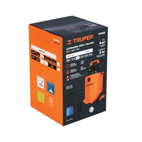 Aspiradora de sólidos y líquidos, 4 gal, plástica, TRUPER 101508