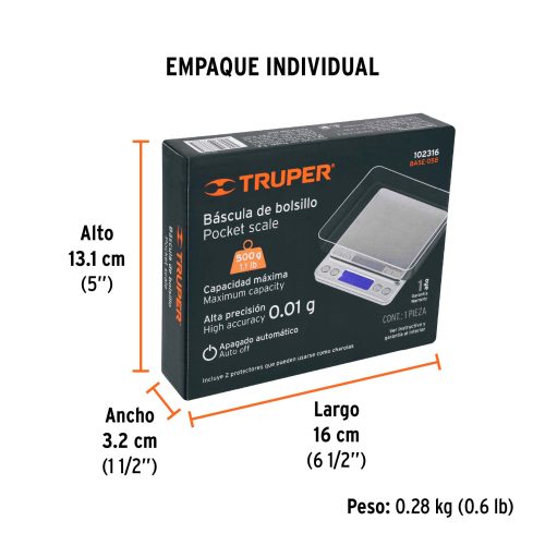 Báscula electrónica de precisión, de bolsillo, 500 g, TRUPER 102316