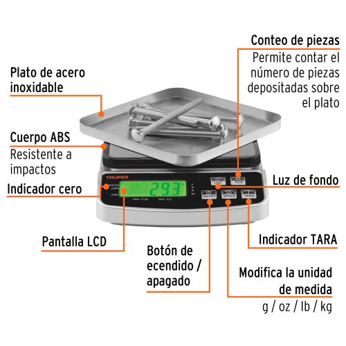 BASE-3+FC2 Báscula electrónica de precisión, recargable, 3 kg, TRUPER 102317
