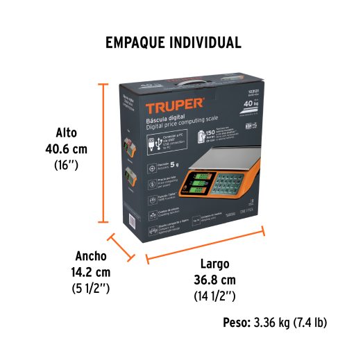 BASE-40U+EIND1 Báscula electrónica multifunciones 40 kg USB, TRUPER 103131