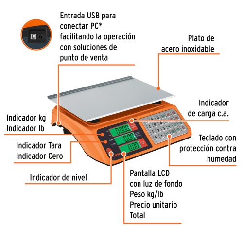 BASE-40U+FC1 Báscula electrónica multifunciones 40 kg USB, TRUPER 103131