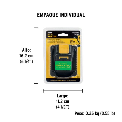 BAT-12P+EIND1 Batería ion litio, 12V, 2 Ah, PRETUL 29968
