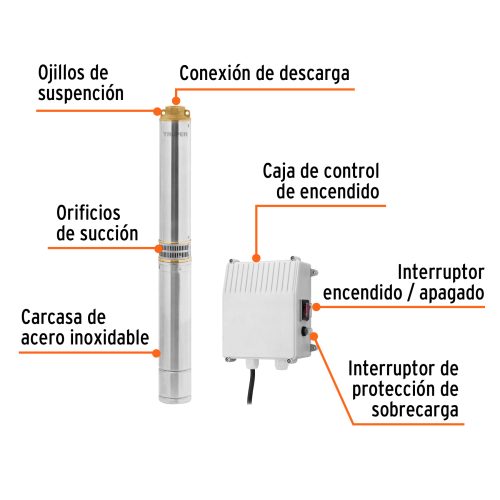 BOS-1-1-2LM-2+FC1 Bomba sumergible tipo bala 4", 1-1/2HP,agrícola, 220V,TRUPER 102976