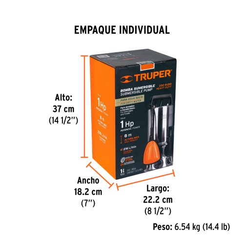 Bomba sumergible acero inoxidable, agua sucia, 1 HP, TRUPER 12607