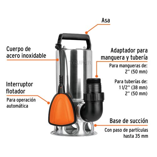 Bomba sumergible acero inoxidable, agua sucia, 1 HP, TRUPER 12607