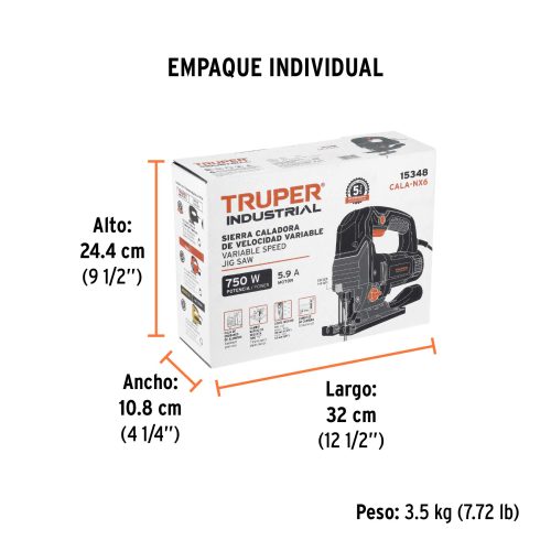 Sierra caladora 750W 5.9 A vel. variable, TRUPER INDUSTRIAL 15348