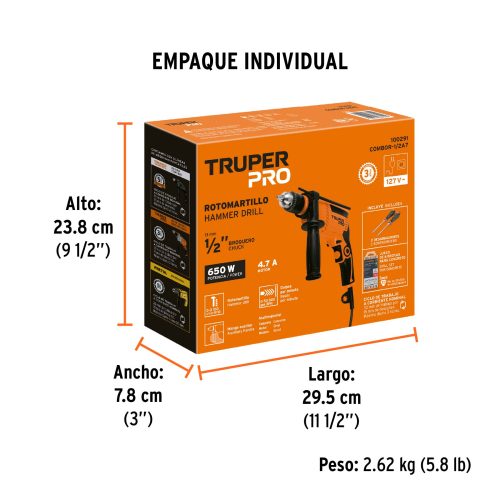 Combo rotomartillo/destornillador 1/2" 650W, 8 acc, PRO 100291