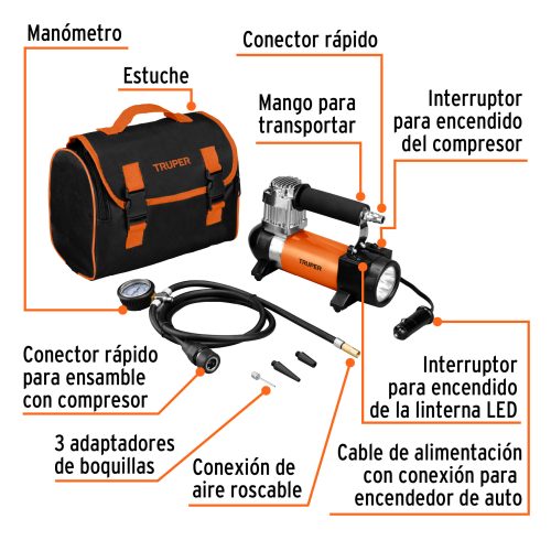 Inflador portátil 12 V para auto, con linterna LED, TRUPER 19999