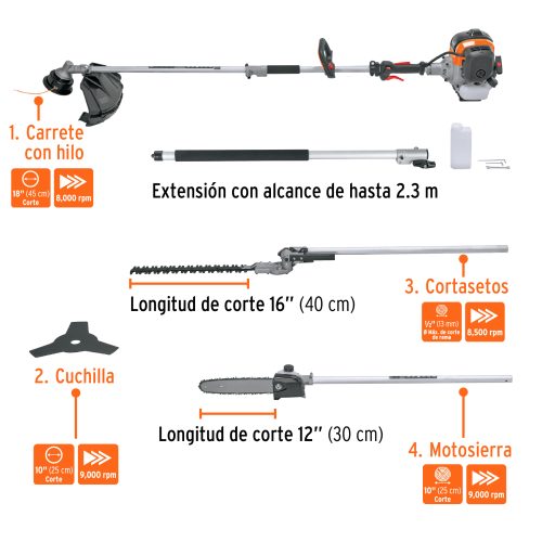 Desbrozadora multifuncional 4 en 1, a gasolina 45 cc, TRUPER (103205)