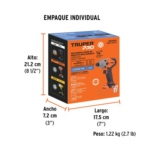 DIMI-20AS+EIND1 Destornillador de impacto 1/4", 20V, sin accesorios, PRO 103254