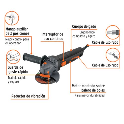 ESMA-4580N+CR1 Esmeriladora angular 4-1/2", 850W, TRUPER INDUSTRIAL 13870