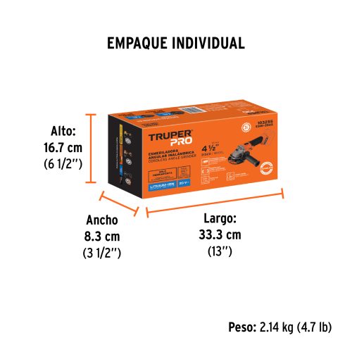 Esmeriladora 4-1/2", 20V, sin accesorios, TRUPER PRO 103