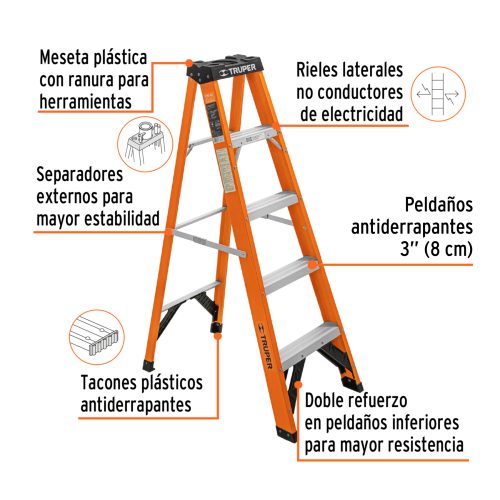 EST-24FV+FC2 Escalera de tijera, tipo ll, 4 peldaños, fibra de vidrio