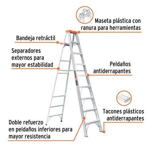 EST-28+FC1 Escalera de tijera tipo ll 8 peldaños y bandeja, TRUPER