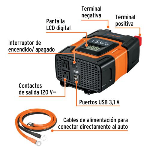 Inversor de corriente de 1200 W con puertos USB, TRUPER 10491