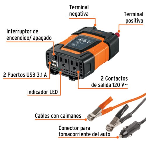 Inversor de corriente de 200 W con puertos USB, TRUPER 10448
