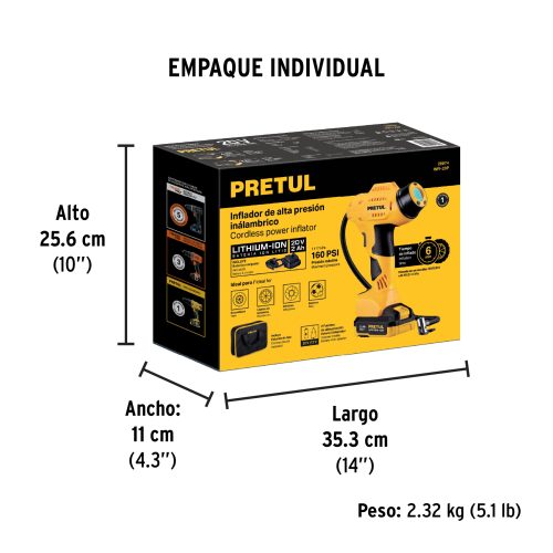Inflador inalámbrico portátil, 20 V para auto, PRETUL 29074