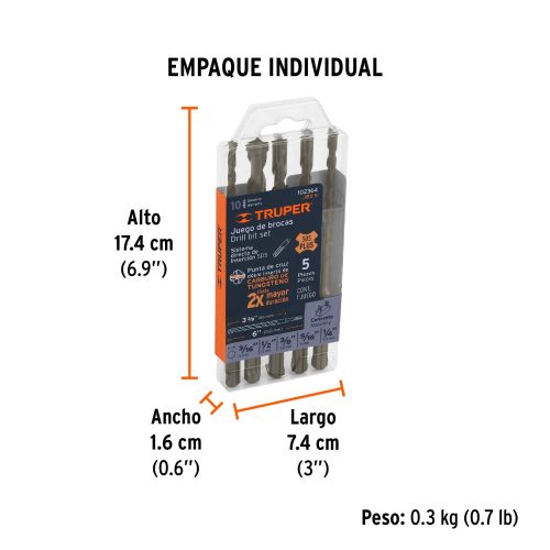 Juego de 5 brocas para concreto SDS Plus, TRUPER 102364