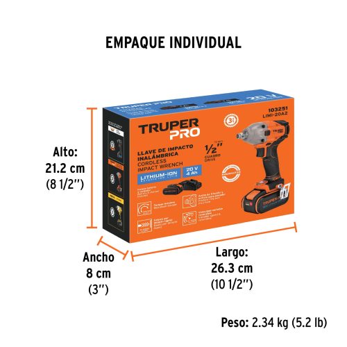 Llave de impacto 1/2", 20V, 184 lb/ft, 1 batería 4Ah, PRO 103251