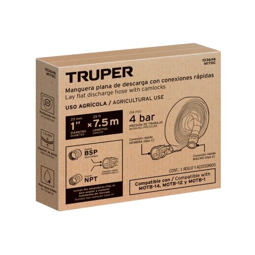 M17DC+E1 Rollo de manguera plana 1" x 7.5m de descarga con conexiones 103646