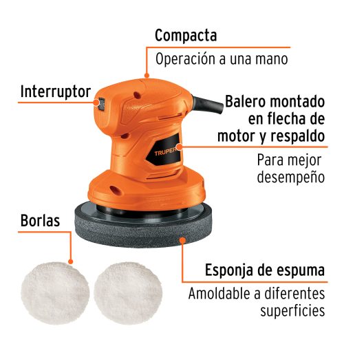 PULA-6AM+CR1 Pulidora roto-orbital compacta 6", 45W, TRUPER PRO 102633