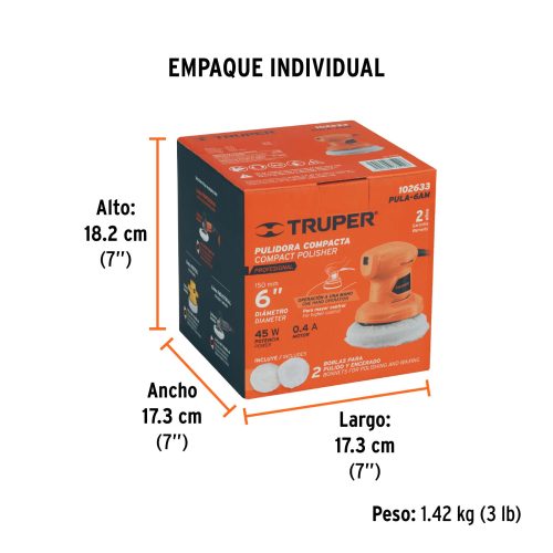 PULA-6AM+EIND1 Pulidora roto-orbital compacta 6", 45W, TRUPER PRO 102633