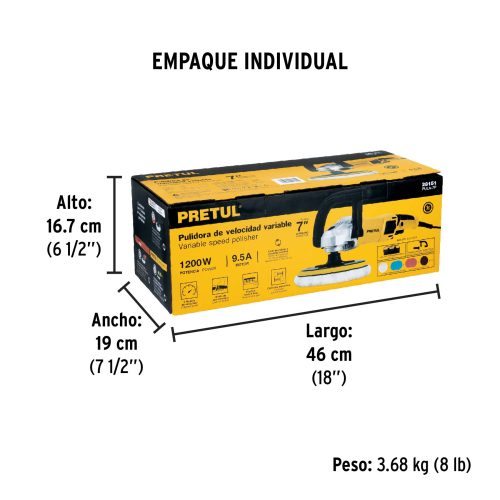 PULA-7P+EIND1 Pulidora rotativa 7", 1200W, con accesorios, PRETUL 28151