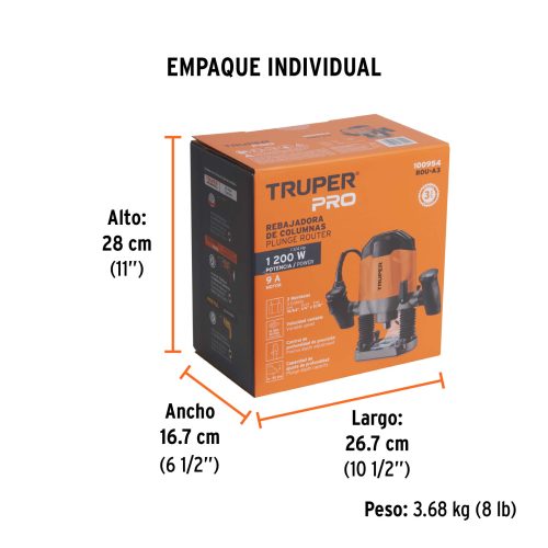 ROU-A3+EIND1 Router (Rebajadora) 1200W, 1-3/4 HP, TRUPER PRO 100954
