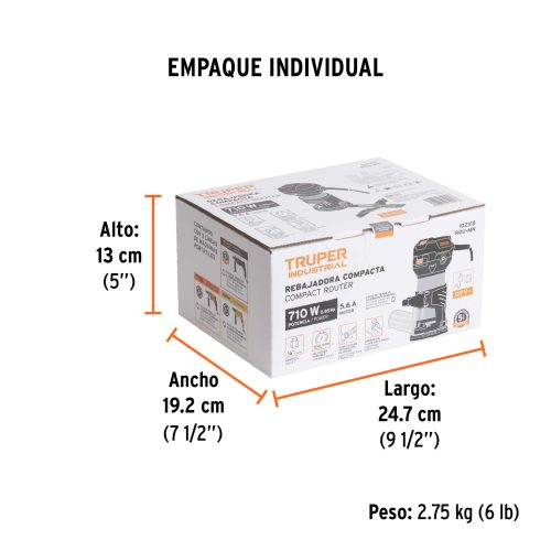 ROU-MN+EIND1 Router (Rebajadora) compacto 710W, 3/4 HP, TRUPER INDUSTRIAL 102315