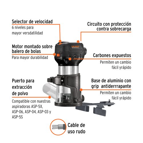 ROU-MN+FC1 Router (Rebajadora) compacto 710W, 3/4 HP, TRUPER INDUSTRIAL 102315