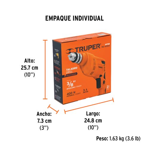 TAL-3-8A2+EIND1 Taladro/destornillador 3/8", 400W, TRUPER PRO 10708