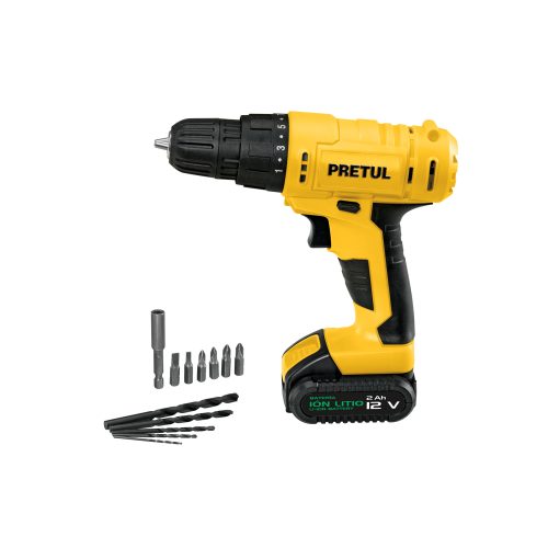 Taladro/destornillador 3/8", 12V, 1 batería 2Ah, PRETUL 29975