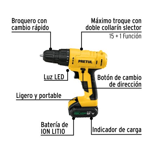 Taladro/destornillador 3/8", 12V, 1 batería 2Ah, PRETUL 29975