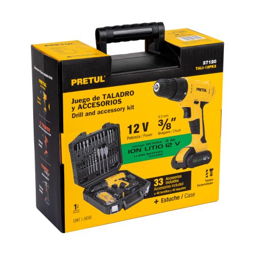 Kit taladro/destornillador 3/8", 12V, 33, PRETUL 27120