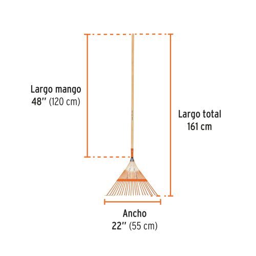 Escoba metálica para jardín, recta, 22 dientes, mango 48"