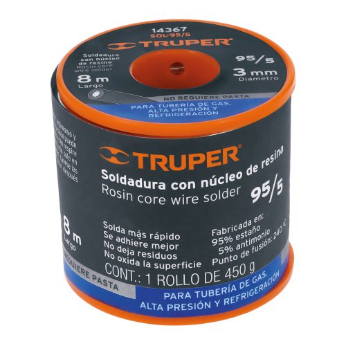 SOL-95-5+E1 Soldadura 95/5 para tubería de gas, 450 g, TRUPER SOLDAFÁCIL (14367)
